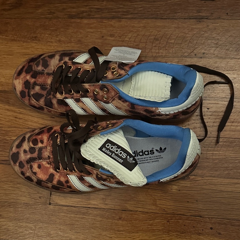 Adidas Brown Leopard Print Sneakers with White Stripes